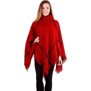 Plaid Cowl Neck Turtle Neck Fringed Poncho Shawl Sweater Cape One Size